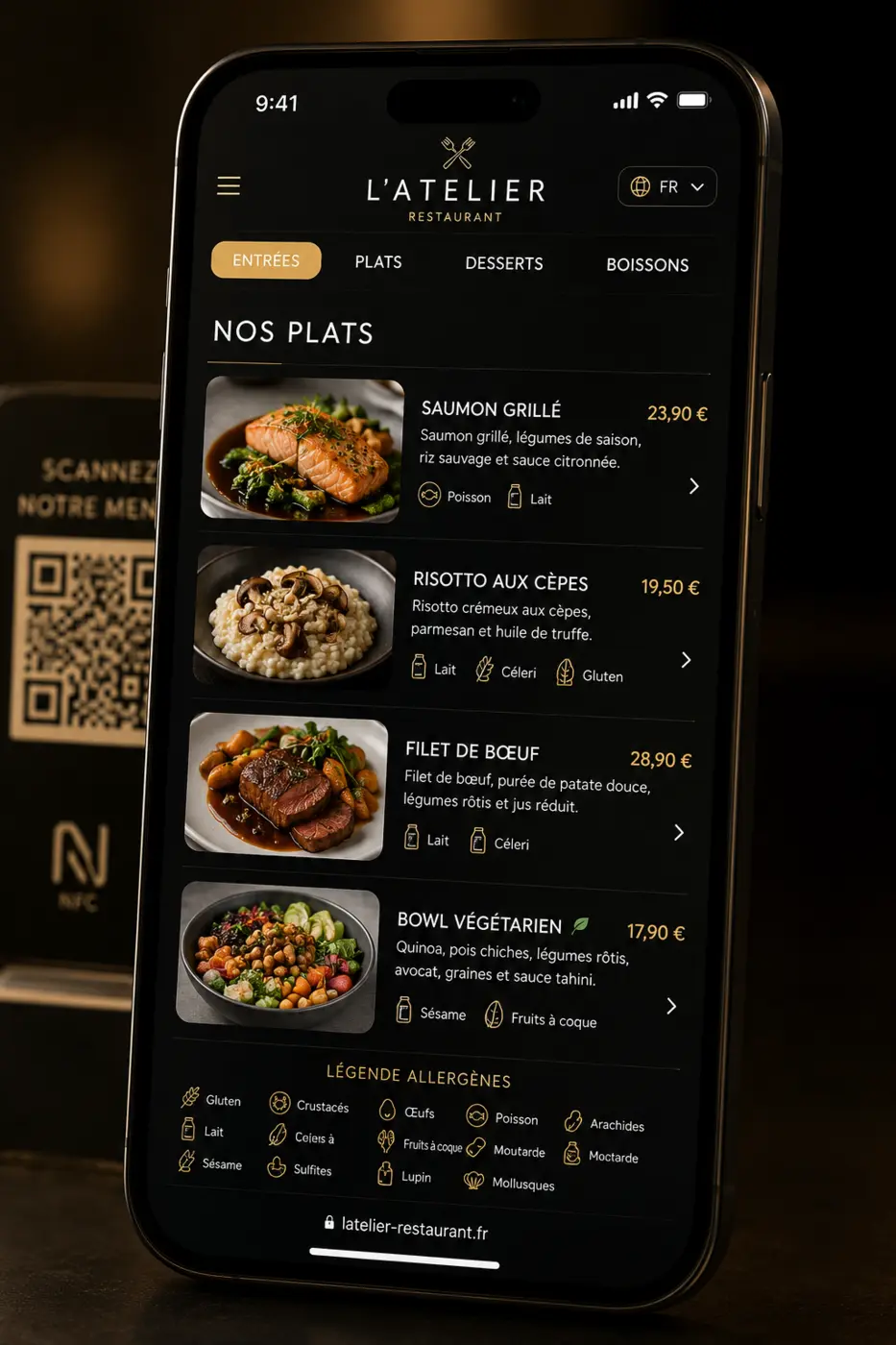 Menu numérique premium Noova Restaurant affiché sur smartphone